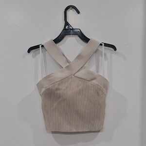 Babaton Beige Cross-Strap Ribbed Crop Top